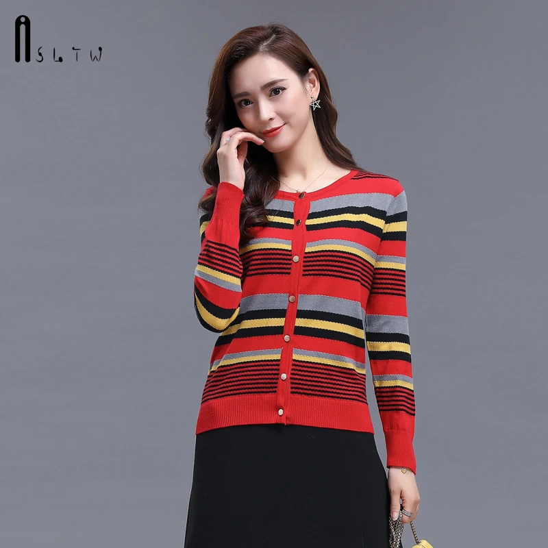 ASLTW Women's Sweater 2019 Spring O Neck Lady's Long Sleeve Single Breasted Stripe Casual New Harajuku Cardigan |