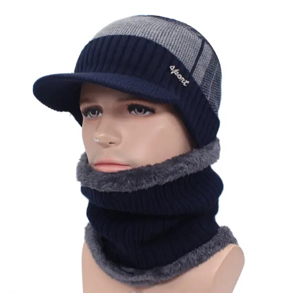 navy gray set Вязаная шапка Мужская Зимняя Шапка-бини зимние шапки для мужчин шарф меховая шапка женская зимняя шляпу Beany Балаклава шапочки шапка - Цвет: navy gray set