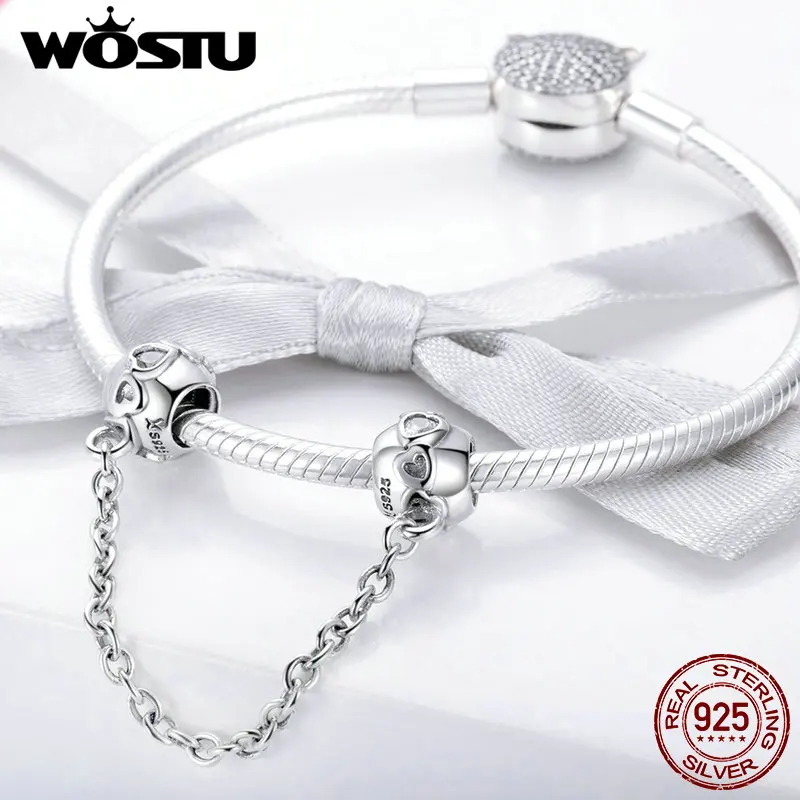 WOSTU 100% Стерлинговое Серебро 925 пробы De-lovely Heart Safety Chain Charm fit Beads Bracelet Necklace DIY Jewelry Making