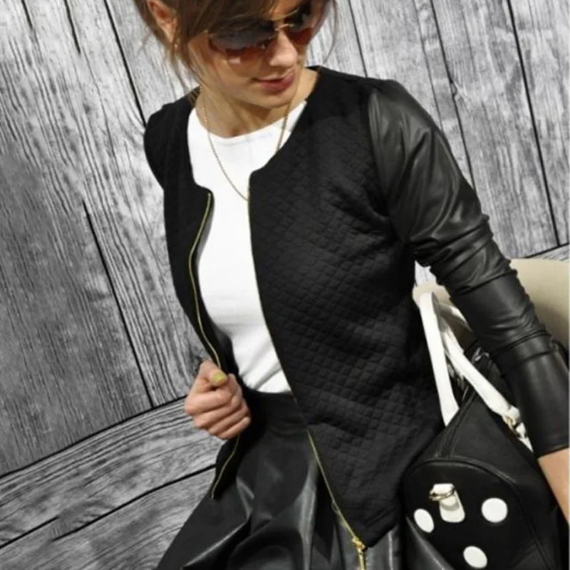 Женская кожаная куртка в стиле панк 2018 базовое осеннее пальто черная укороченная