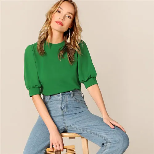 SHEIN Повседневный Топ С Оригинальным Рукавом Стильная Офисная Блузка С Коротким Рукавом - Цвет: Зеленый