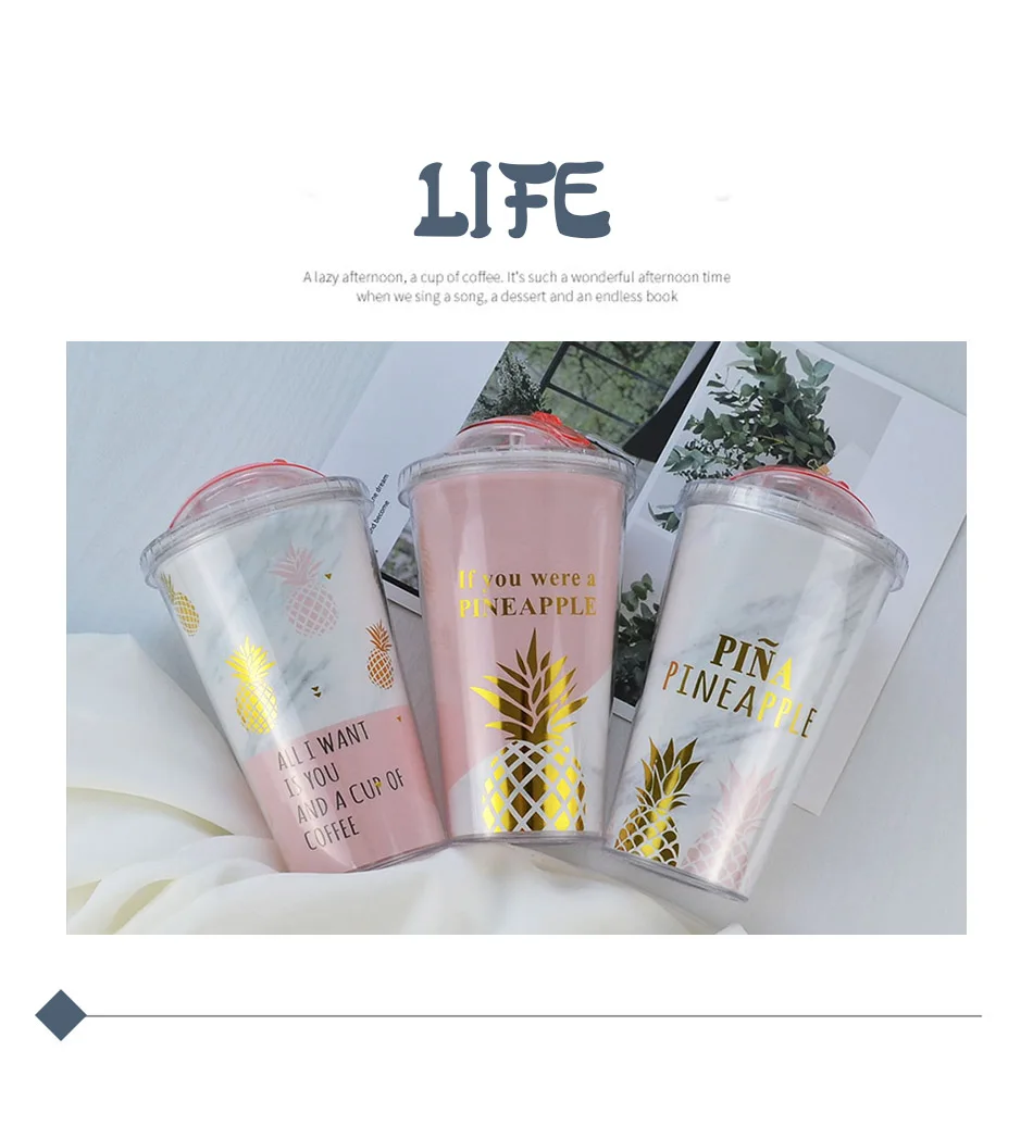 Creative Mugs Plastic Water Bottle Pink Pineapple Pattern Straw Travel Pop Up Portable Tea Milk Cup Drinkware Gifts 420ML