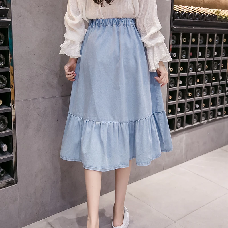 Women denim skirt jeans high waist woman skirts womens fashion calf length a-line elastic all-match blue midi | Женская одежда