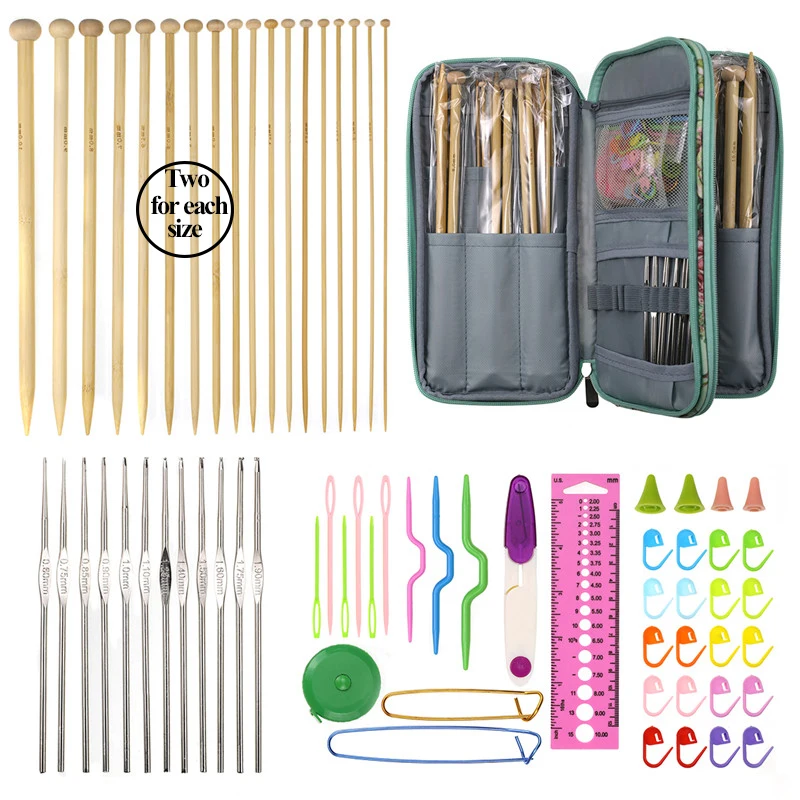 

36pcs Bamboo Straight Knitting Needles 12pcs Small Lace Crochet Hooks Set Scissors Rulers Sewing Accessories Set With Flower Bag