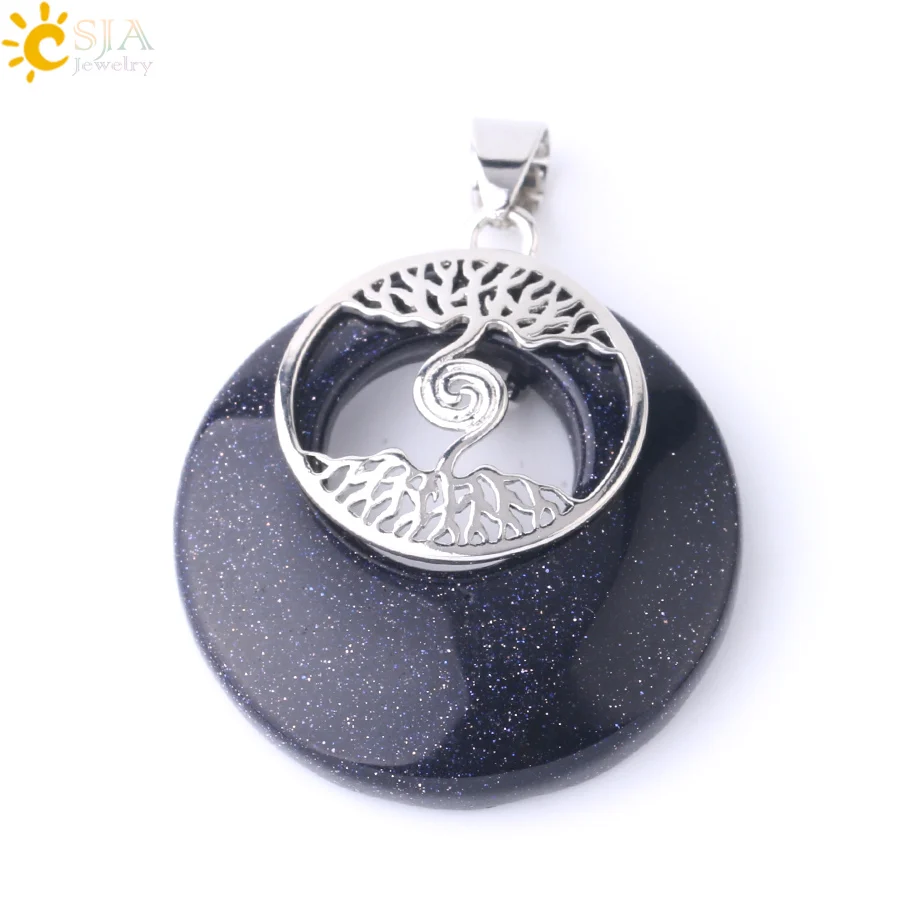 Blue Sand CSJA круглый натуральный камень кулон для ожерелья Два Древа Жизни Кристалл ювелирные изделия фиолетовый кварц Лазурит подарки подруге F839 - Окраска металла: Blue Sand