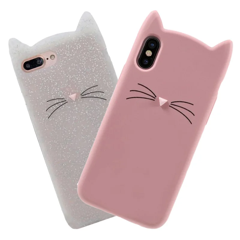 

Cute 3D Cartoon Silicon Cases For iPhone 8 Plus Glitter Beard Cat Lovely Ears Phone Cover For iPhone 7 6 6S 5 5S SE X XS Max XR