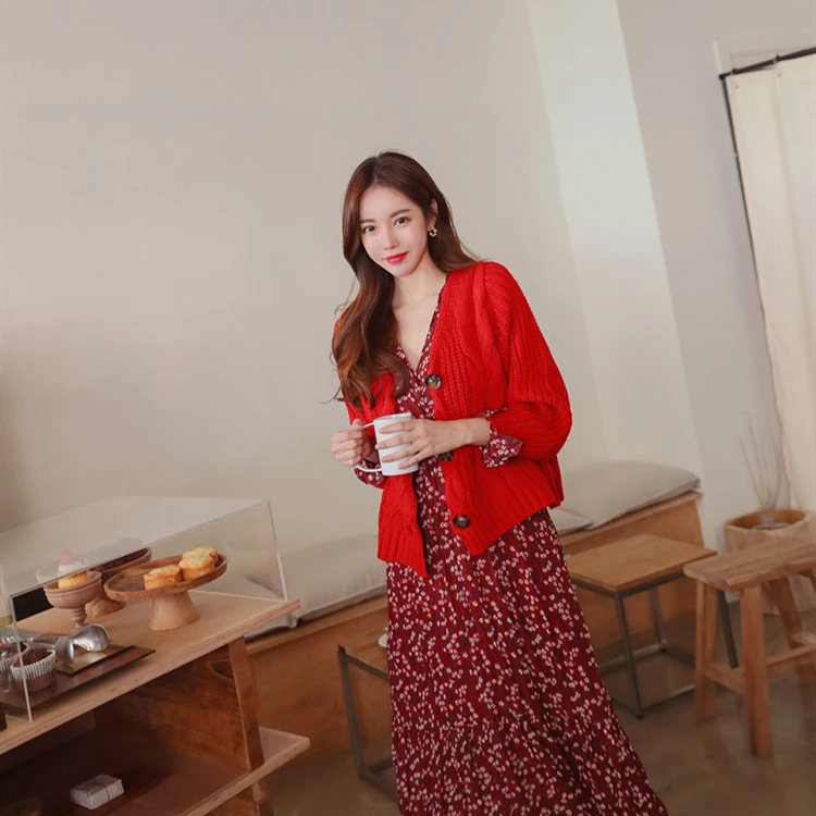 Colorfaith Korean Style Women's Sweater Autumn Winter 2019 Red V-Neck Cardigans Casual Solid Single Breasted Loose Tops SW358 |