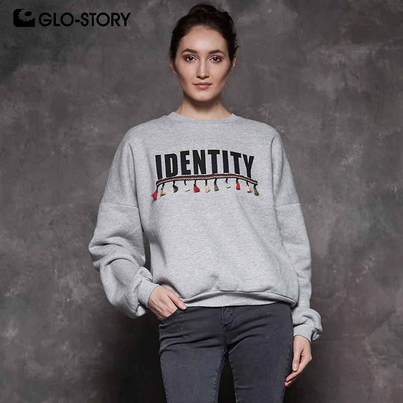 GLO-STORY 2018 леди письмо толстовка с кисточками Женщины Drop-Shoulder рукав o-образным