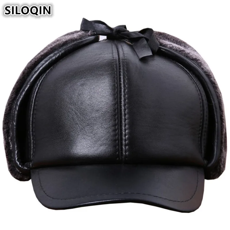 

SILOQIN Men's Genuine Leather Hat Winter Warm Bomber Hats Plus velvet Sheepskin Earmuffs Winter Cap For Men Sombrero De Cuero