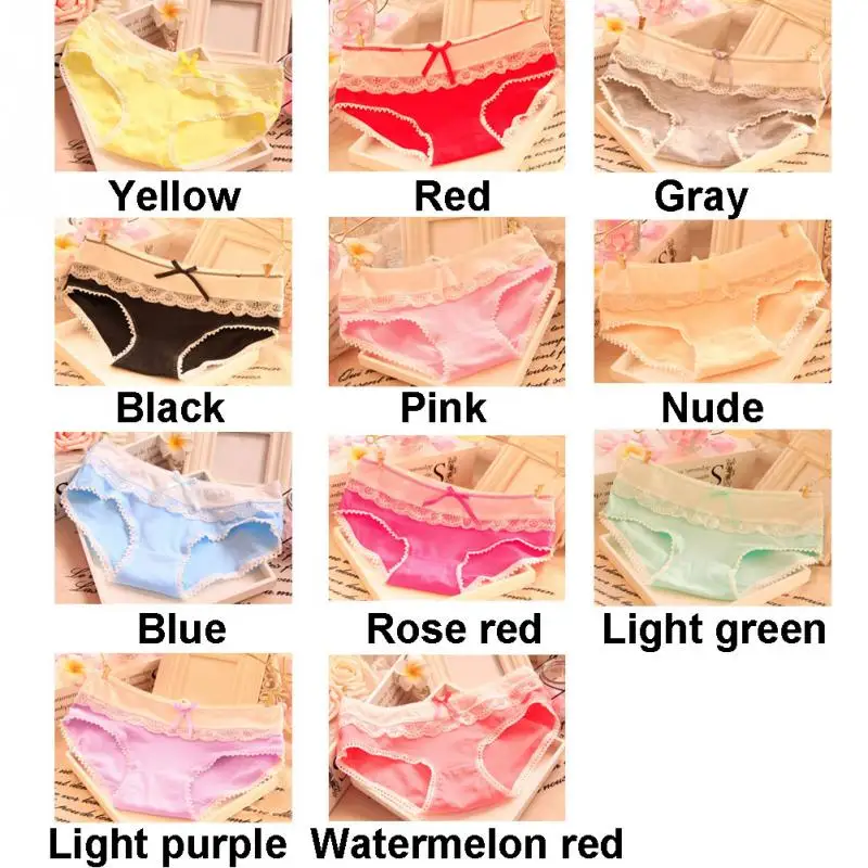 2018 New Arrival Women Briefs Cotton Sweet Soft Sexy Lace Panties Bow-knot Splicing Underwear Candy Color Free Size |