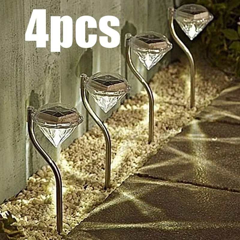 

HENYNET 4Packs Outdoor LED Path Lamp Solar Power Night Lights Flower Lamp Home Garden Fence Light Yard Lawn Decoration Diamond