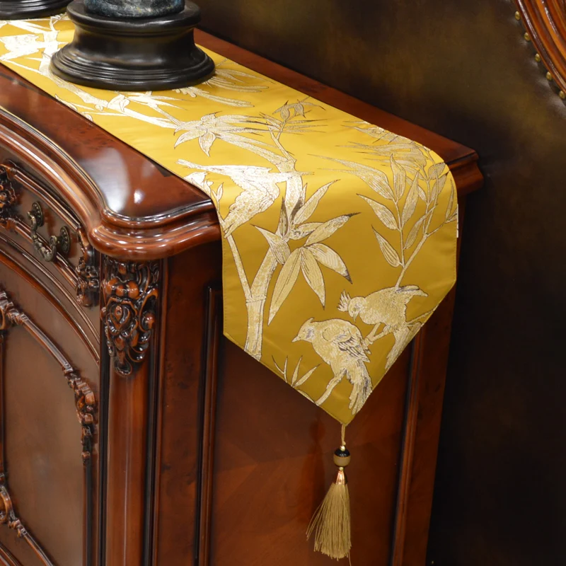 

Custom Made Table Runner Cover with Tassel 30 x 160 180 200 220 240cm Satin Jacquard Bamboo Birs Emperor Yellow