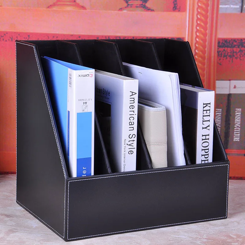 4-grid slot A4 desk leather file stand document book holder organizer documentation magazine rack storage tray wooden  622A