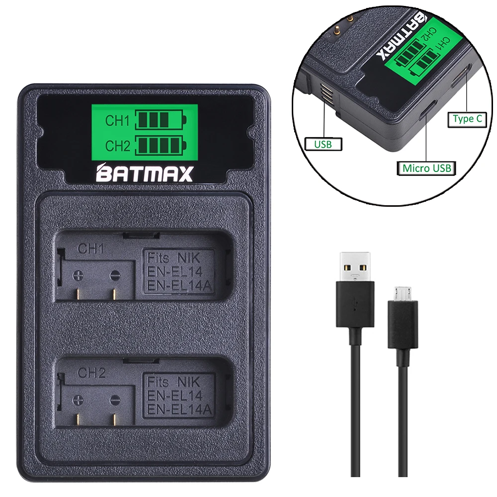 3Pc EN-EL14 EN-EL14a EL14 Battery + LCD USB Dual Charger Type C for Nikon P7800 P7100 D3400 D5500 D5300 D5200 Df. | Электроника