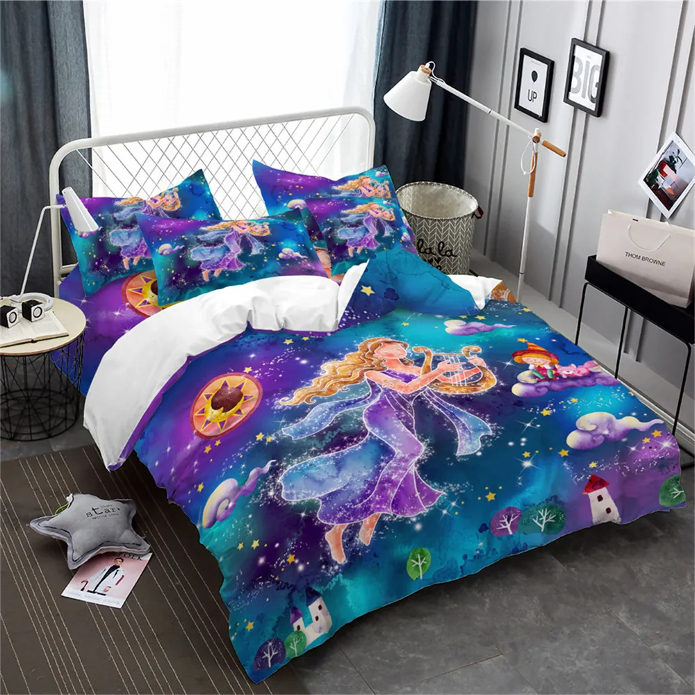 Girls Princess Cartoon Bedding Set Colorful Virgo Constellation Duvet Cover Galaxy Print Twin Queen King Size D25 | Дом и сад