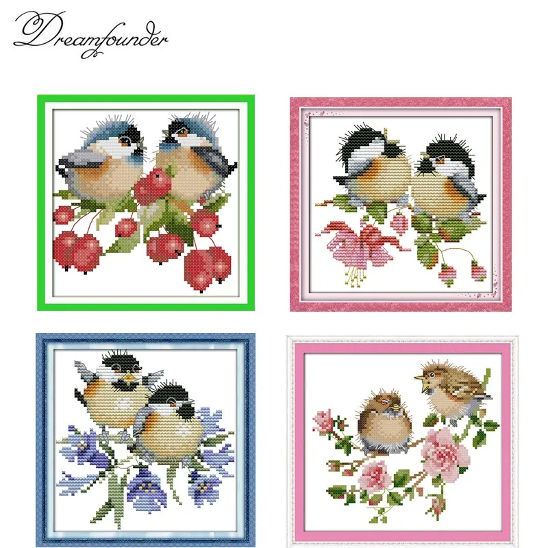 

Chatted birds on purple-red flowers cross stitch kit Aida count 14ct 11ct print embroidery DIY handmade needlework supplies plus