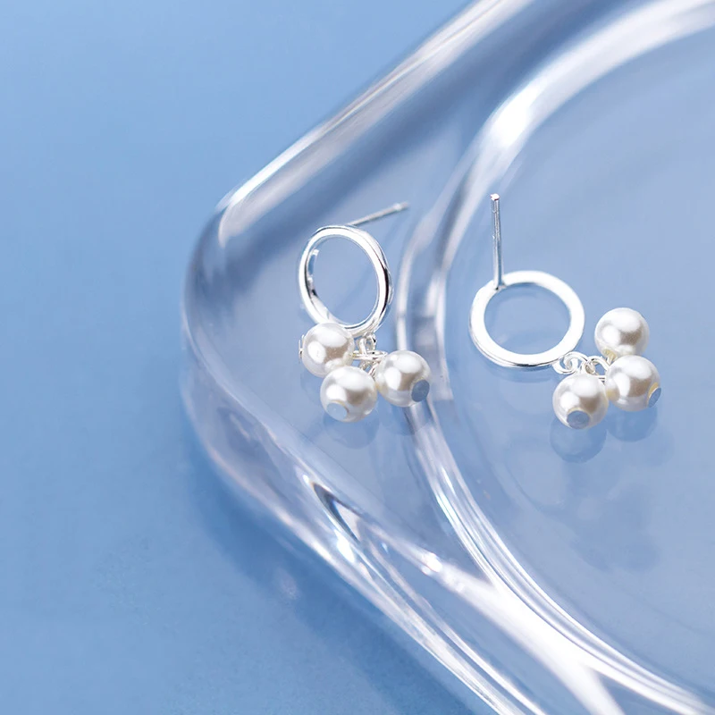 Korea 925 Sterling Silver Round Simulated Pearl Statement Geometric Fashion Drop Earrings For Women Bride Wedding Jewelry Brinco | Украшения