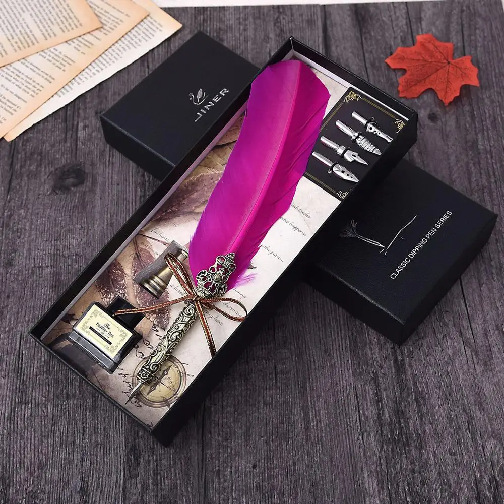 

Vintage Handmade Feather Quill Dip Fountain Pen with Ink Nibs English Calligraphy Writing Stationery Wedding Gift