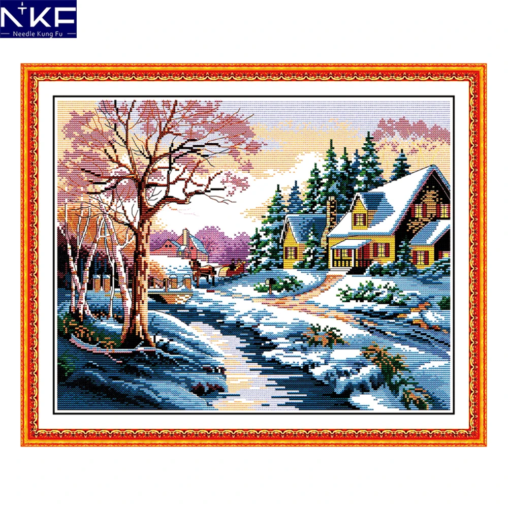 

NKF Snowscape Cross Stitch Pattern 11CT 14CT DIY Needlework Painting Cross Stitch Set for Embroidery Stamped Kit Home Decor