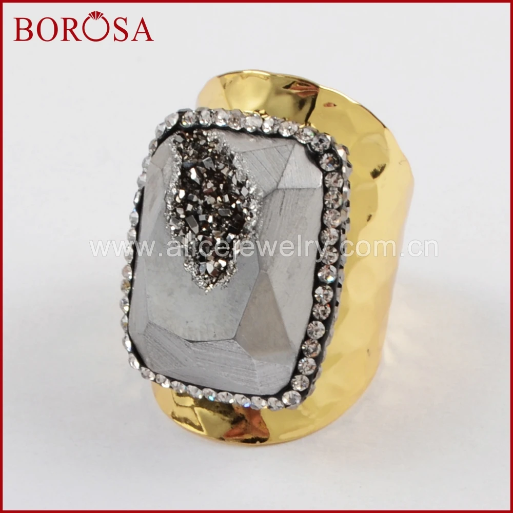

BOROSA New Rectangle Natural Druzy Geode Rainbow Gold Plated Band Ring Crystal Rhinestone Pave Fashion Gems Ring Jewelry JAB798