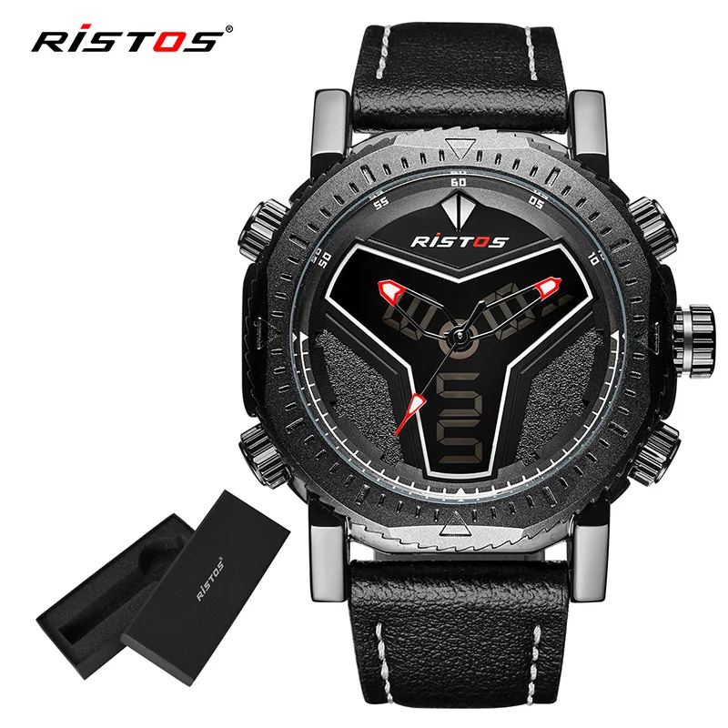 Black White Box RISTOS, аналоговые цифровые мужские наручные часы, многофункциональные кожаные часы, светодиодный хронограф, спортивные часы, Reloj Masculino Hombre 9341 - Цвет: Black White Box