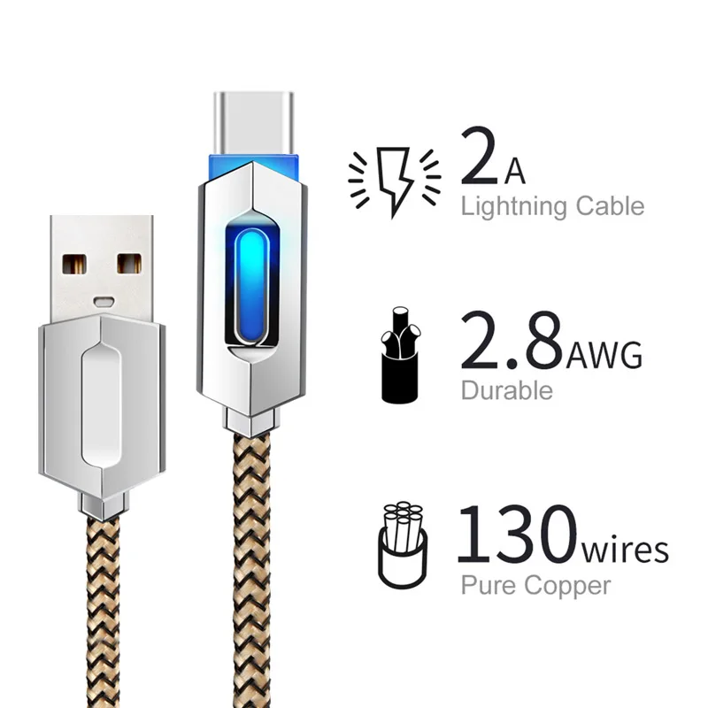 Кабель STONEGO светодиодный кабель USB Type C и Micro адаптер в нейлоновой оплетке для