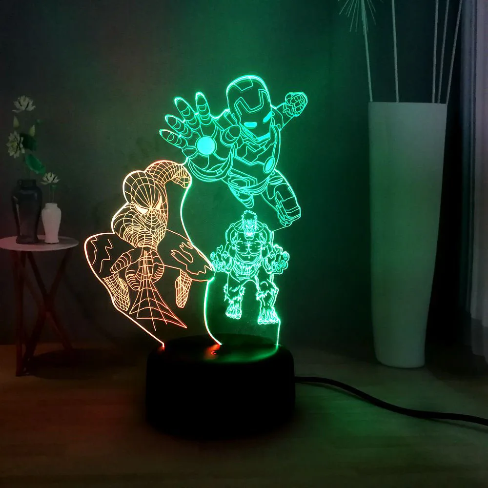 Новинка 3D иллюзия прикроватная лампа Человек паук Железный человек Hulk Marvel
