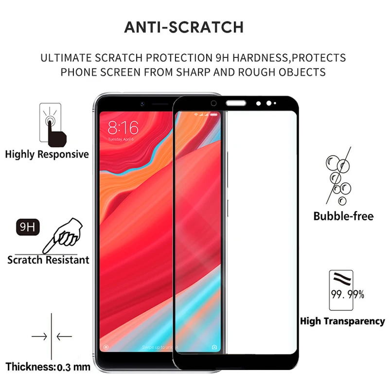 2 шт. 100% оригинальное закаленное стекло с полным покрытием для XIAOMI Redmi S2 защита