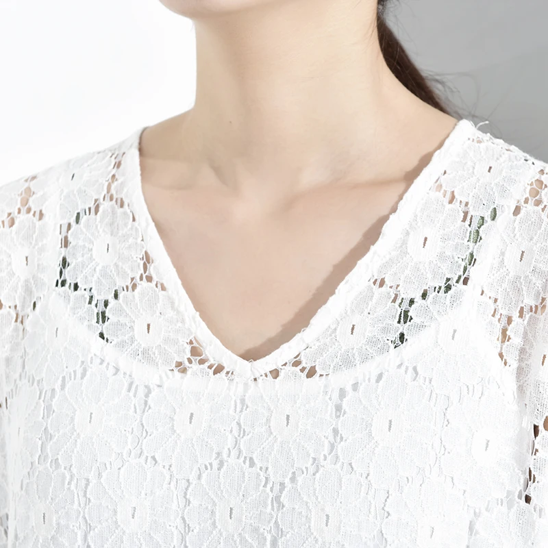 [EAM] New Spring Summer Round Neck Three-quarter Sleeve White Lace Split Joint Loose Big Size Dress Women Fashion JT0670