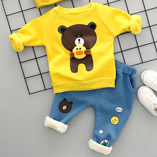 Yellow Комплект для маленьких мальчиков, зимний костюм, одежда Теплый Топ, штаны для малышей, детская одежда с рисунком медведя длинный рукав, от 3 до 36 месяцев - Цвет: Yellow