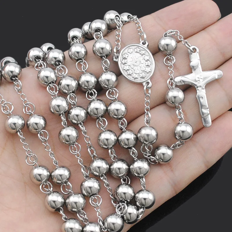 

Классическое ожерелье ATGO из нержавеющей стали с бусинами и крестом 2, новинка, бесплатная доставка, оптовая продажа BRN03 для женщин и мужчин