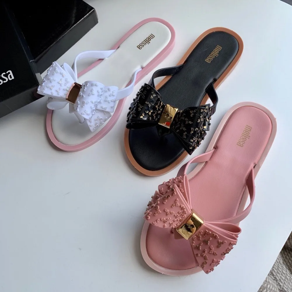 Женские шлепанцы с открытым носком Melissa Нескользящие сандалии бантиком плоская