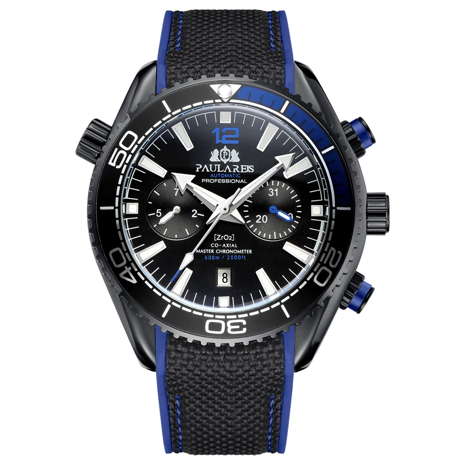 Black Blue Black Автоматические механические холщовые резиновые часы James Bond 007 стиль оранжевый синий красный Многофункциональный Дата месяц мужские спортивные часы - Цвет: Black Blue Black