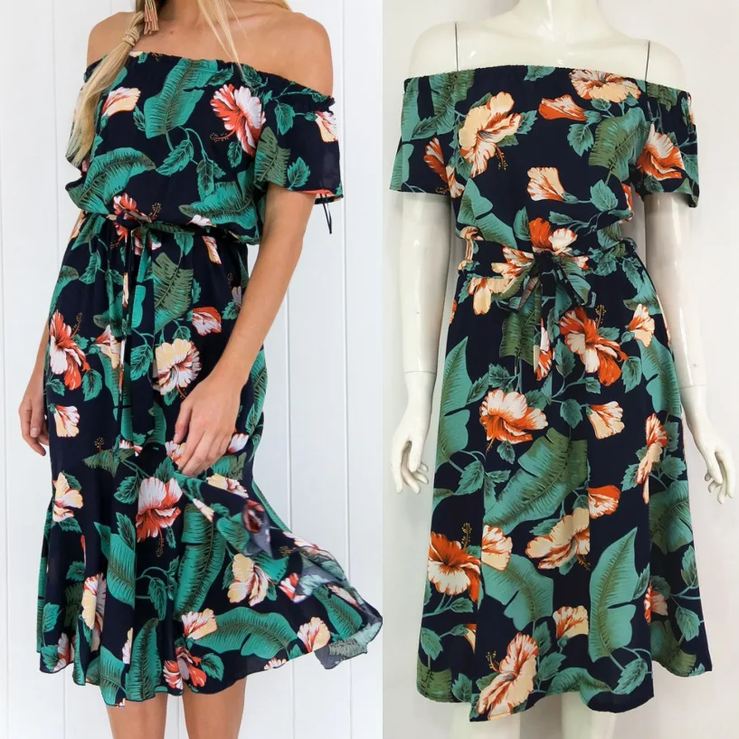 Women Boho Floral Print Off Shoulder Swing Summer Beach Party Dress Sundresses Female 2018 | Женская одежда