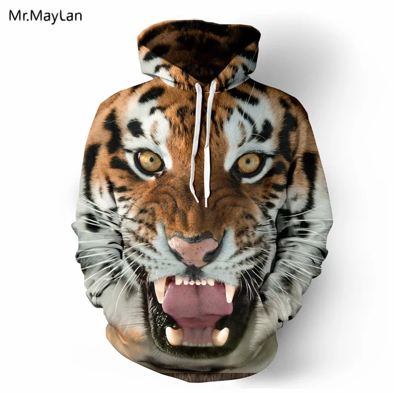 Мужская/Женская толстовка с капюшоном черная уличная 3D-принтом тигра и ужасов