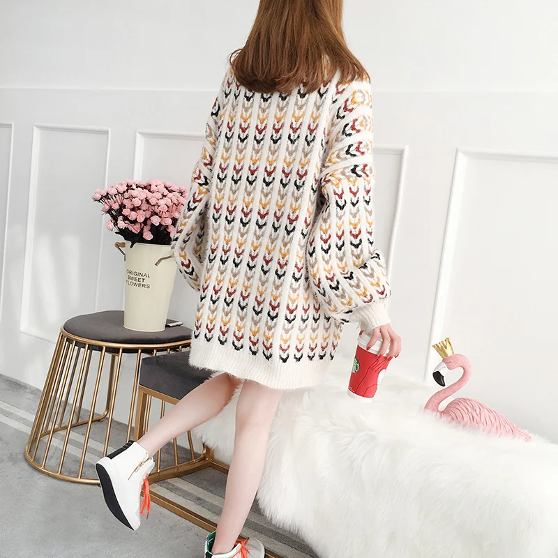 Свитер женский шерстяной с круглым вырезом свободный большого размера длинными