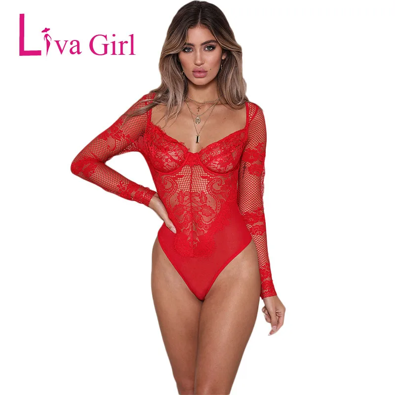 Белое Сетчатое кружевное прозрачное облегающее боди LIVA GIRL женское сексуальное