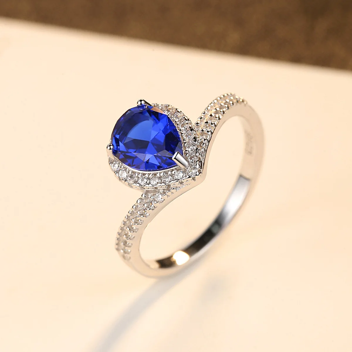 LANCAI Fashion 925 Sterling Silver Ring Genuine Created Water Drop Blue Sapphire for Women Fine Jewelry Gift Hot Selling | Украшения и