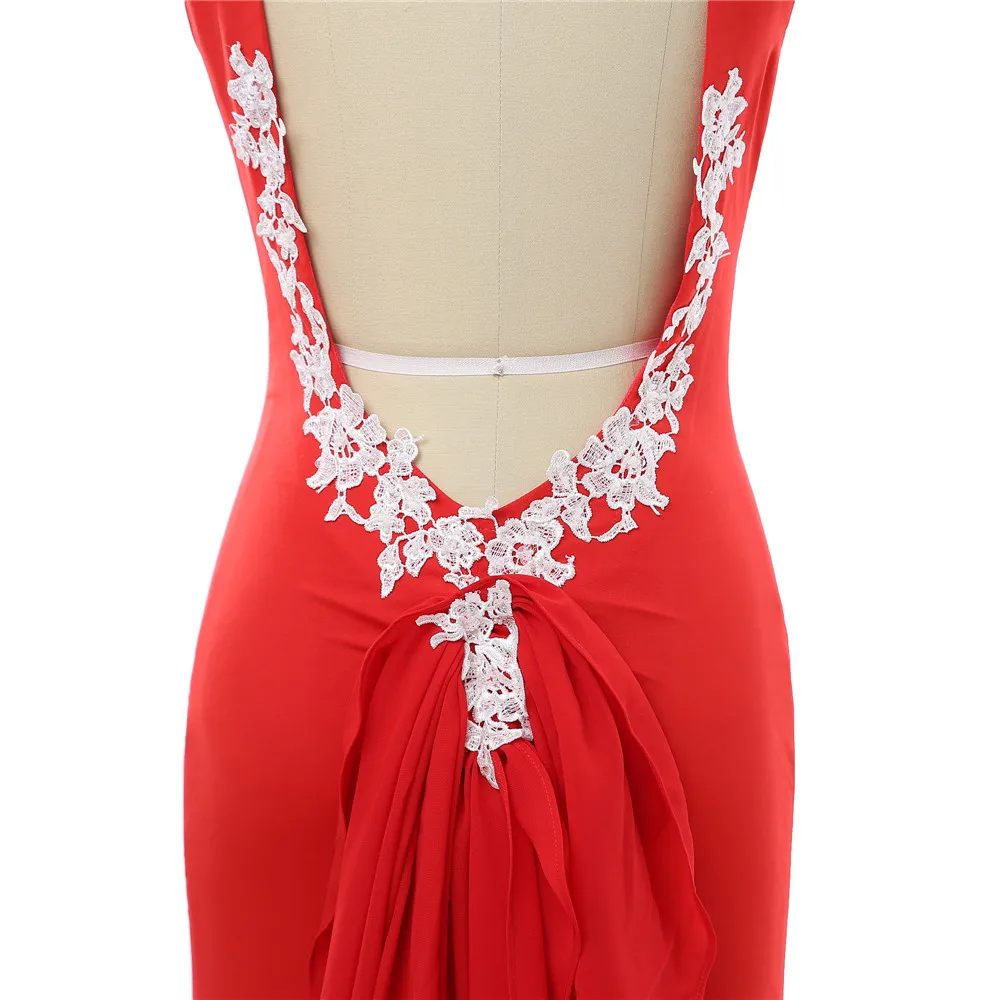 

Red Prom Dresses Mermaid High Collar Chiffon Lace Backless Sexy Women Long Evening Dresses Evening Gown Robe De Soiree