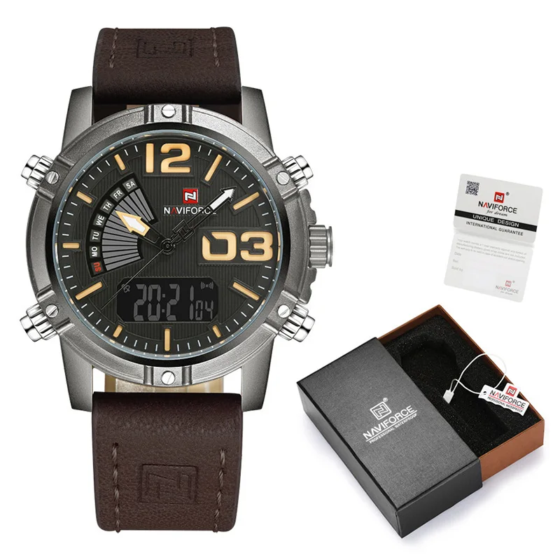 NAVIFORCE, мужские часы, кожа, военные, водонепроницаемые, мужские часы, Relogio Masculino, с коробкой, набор для продажи, Цифровые мужские часы NF9095 - Color: Khaki-Box-B