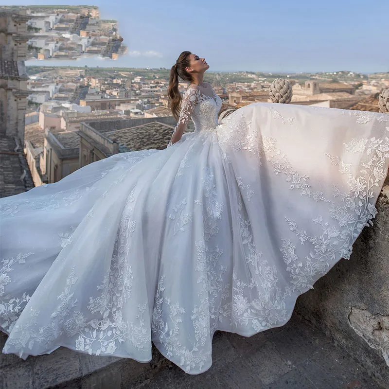 Dubai Africa Long Sleeve Tulle Wedding Dress Court Train Bridal Gowns Vintage Lace Princess Wedding Dresses Robe De Mariee