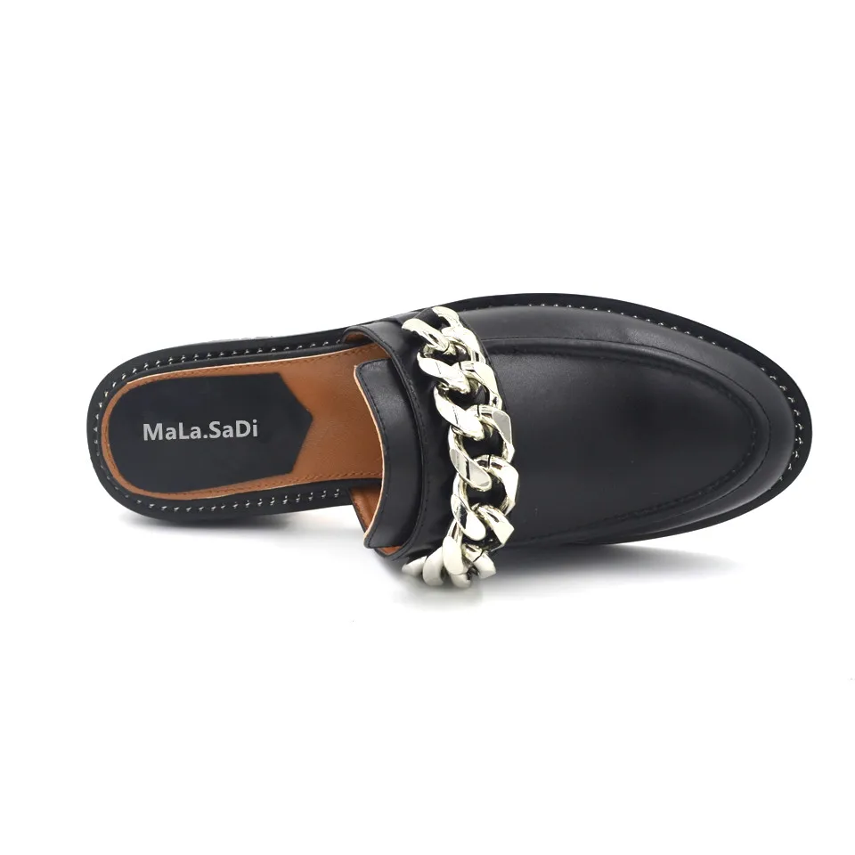

New Fashion Silver Metal Chains Women Slippers High Quality Genuine Leather Closed Toe Backless Flat Casual Shoes Size 35-40