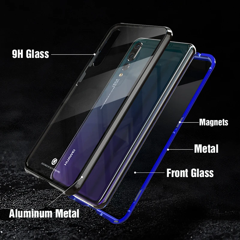 Стеклянный Магнитный чехол на переднюю и заднюю панель для Huawei P20 Pro прозрачный