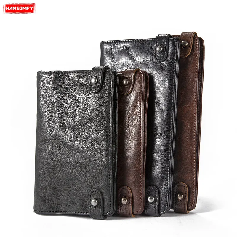 Retro Mobile Phone Bag Men's Wallets Document Passport Bag Travel Multi-card Sheepskin Clutch Bags Wallets Long Genuine Leather