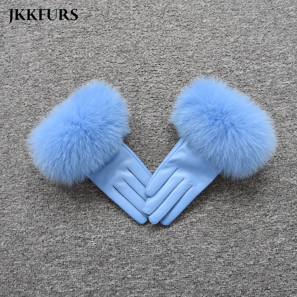 

Women's Genuine Leather Glove Winter Warm Real Sheepskin & Real Fox Fur Gloves Fashion Style Natural Big Fluffy Fur S7200B