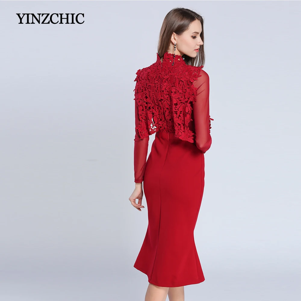 Модное женское зимнее платье средней длины с кружевными вставками, офисное платье средней длины с русалочкой, Бордовое платье-труба для вечерние, нарядное уличное платье