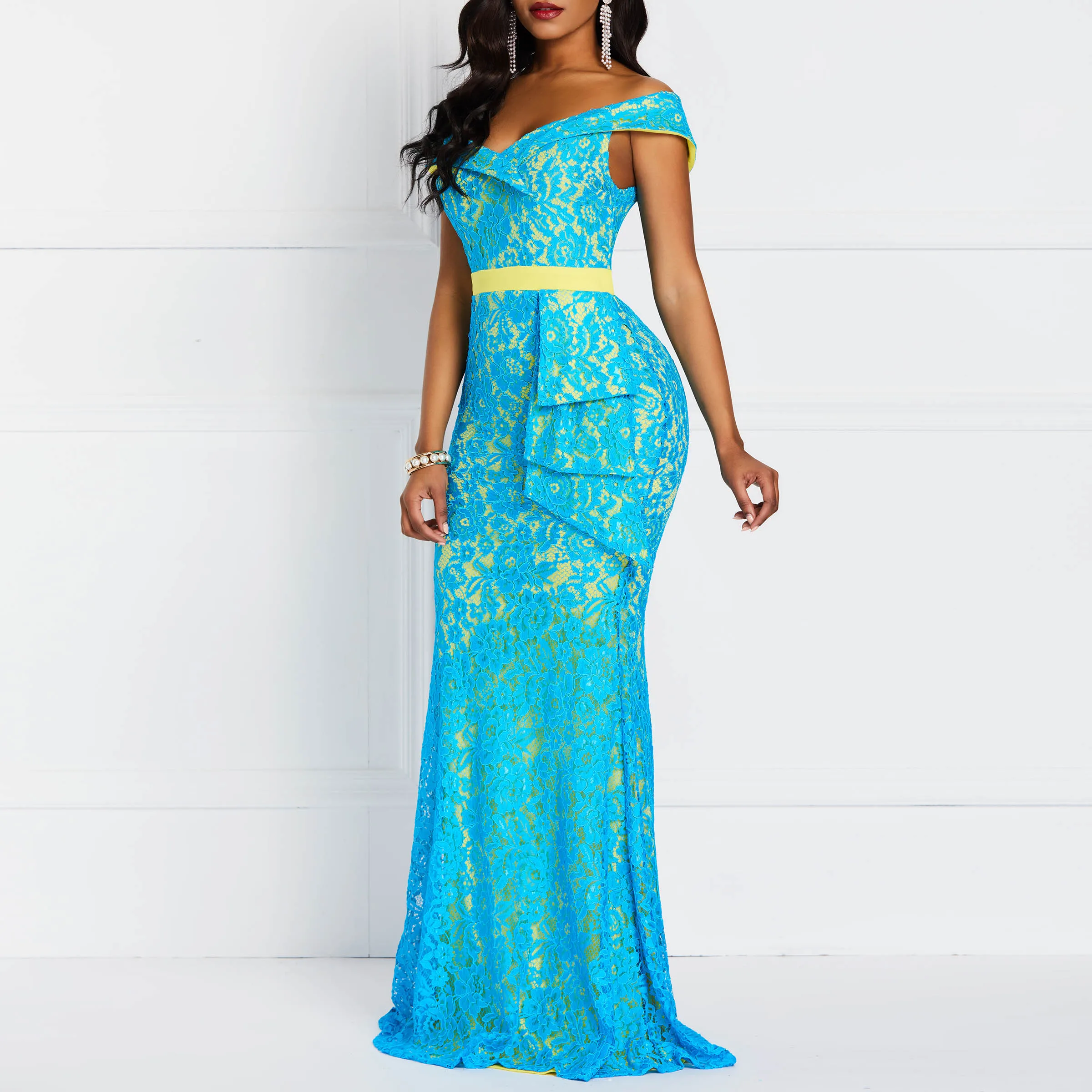 Women Maxi Dresses Casual Elegant Blue Plus Size Mermaid High Waist Off Shoulder Falbala Lace Female Fashion Dinner Long Dress