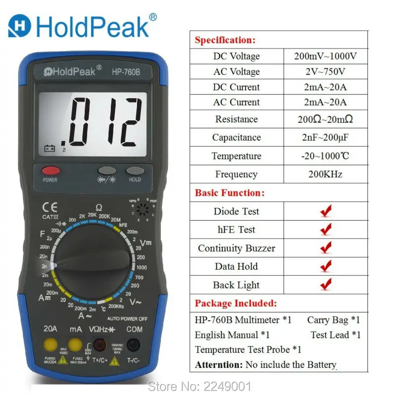 

Multimetro HoldPeak HP-760B Digital Multimeter Meter Measuring AC/DC Voltage Current Resistance Capacitance hFE with Carry Bag