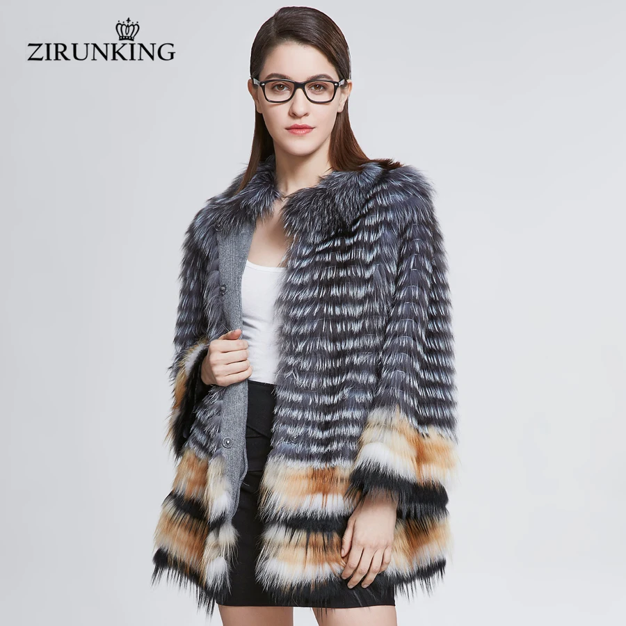 ZIRUNKING Lady Real Fox Fur Coat For Women Natural Fur Jacket Knitted Stripe Clothes Hot Sale Female Fashion Outerwear ZC1830