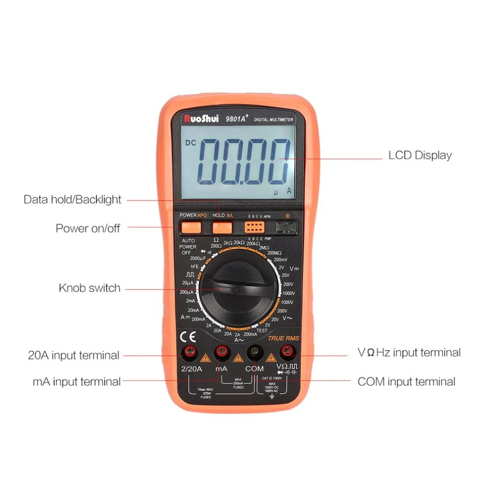 RuoShui 9801A + цифровой мультиметр 1999 отсчетов True RMS AC/DC Вольт Ампер Ом Емкость диод hFE